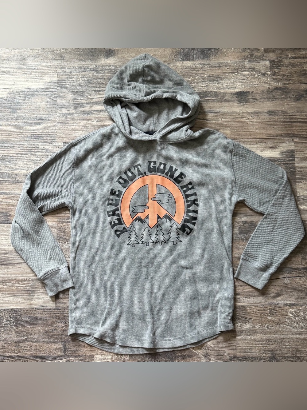 Old Navy gray long sleeve‎ hooded thermal waffle knit shirt boys XL 14-16